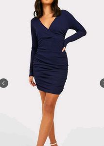Chic Ruched Navy Blue Wrap Dress