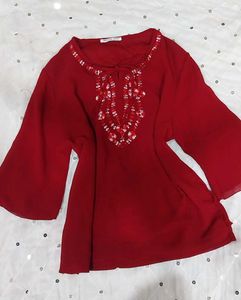 Red Embroidered Kurti with tie up detailing