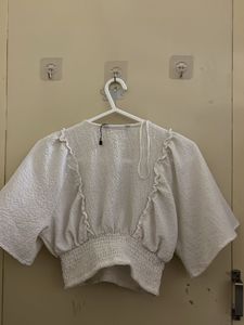 White Smocked V-Neck Cropped Top