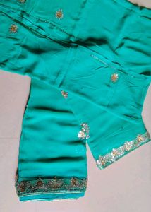 Elegant Turquoise Sea Green Georgette Saree with U