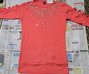 Coral Embellished Cut-out Sleeve Top