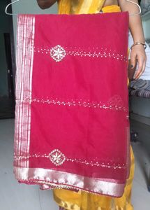 Magenta Soft Organza Handwork Saree with Zari Bord