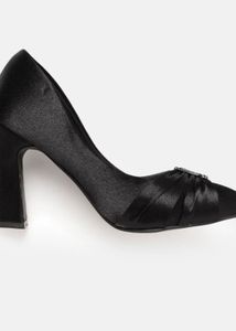 (New) Elegant Black Satin Heels with Embellishment