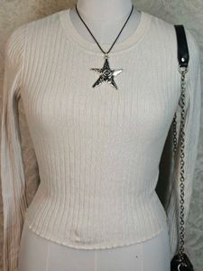 Cream Ribbed Knit Cropped Sweater
