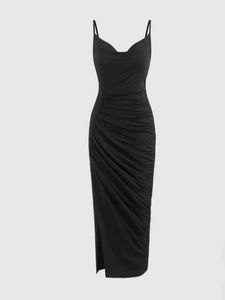 Chic Black Ruched Midi Dress