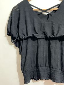 Chic Black Criss-Cross Back Puff Sleeve Top