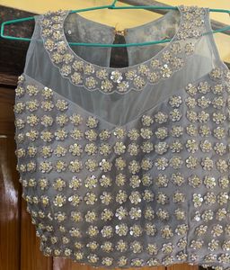Pearls Detailing Grey Crop Top And Skirt