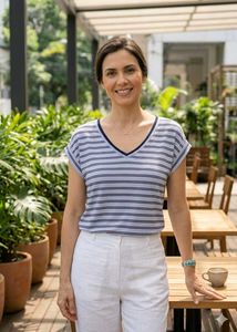 Striped V-Neck Casual Blue Top