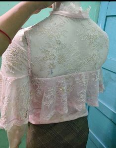 Elegant Pink Lace Blouse with Gold Accents