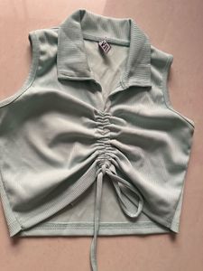 Mint Ruched Collared Crop Top