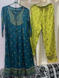 Teal &amp; Lime Green Ethnic Kurta Set