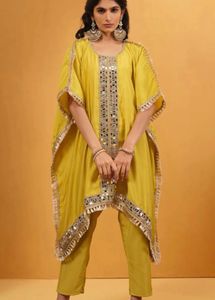 Yellow Kaftan Kurta Set with Mirror Work