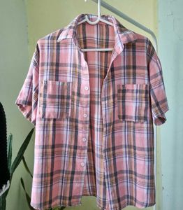 Pink Plaid Short Sleeve Button-Up Shirt