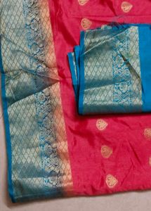 Vibrant Pink Silk Saree with Blue Border
