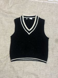 Black Knit Sweater Vest with White Trim