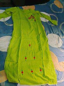 Green Striped Kurta with Floral Embroidery