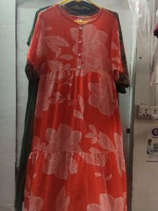 Orange Floral Print Tiered Kurta