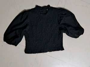 Chic Black Smocked Puff Sleeve Top