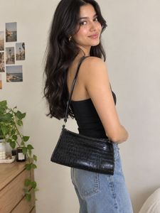 Black Croc Embossed Shoulder Bag