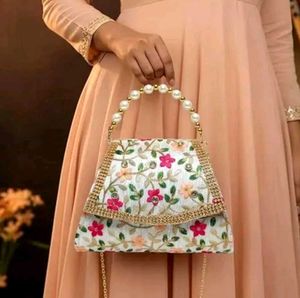 Embroidered Clutch with Pearl Handle
