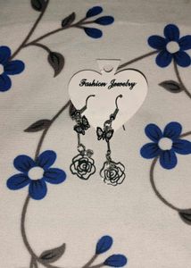 Silver Butterfly &amp; Rose Earrings