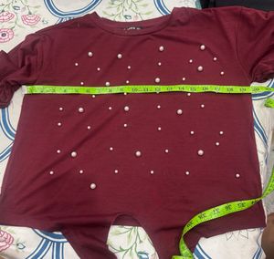 Maroon Pearl Embellished T-Shirt