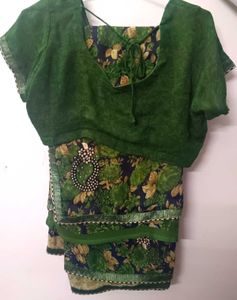 Green Floral Print Saree with Blouse