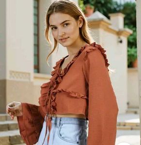 Ruffled Crop Top with Long Sleeves