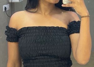 Black Off-Shoulder Smocked Crop Top