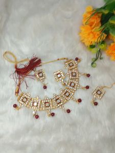 mirror plus minakari Giri maroon color necklace de