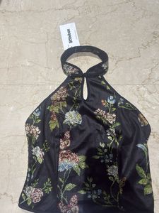 Embroidered Black Halter Neck Top