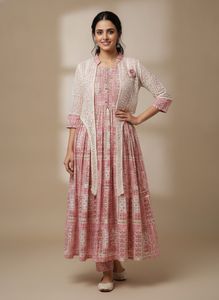 Elegant Pink Printed Kurta Set with Lace Jacket