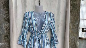 439. Blue Striped Ruffle Mini Dress