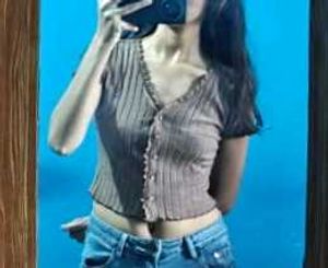 SO "Ribbed Button-Up Ruffle Crop Top"