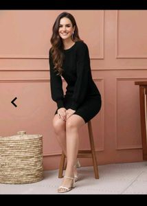 Chic Black Ribbed Knit  Dress above knees