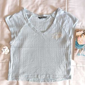 Cute Blue Ribbed V-Neck Crop Top