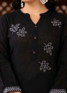 Elegant Black Kurta Set with White Embroidery