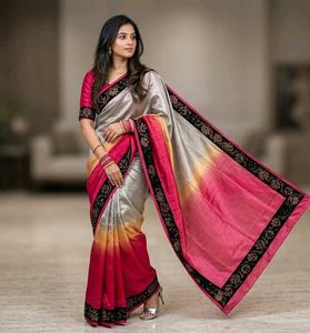 Grey and Pink Ombre Saree with Black Borde