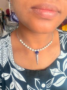Anti-turnish Pearl Necklace &amp; Blue Stone Earrings