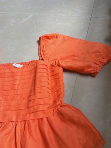 Orange Square Neck Puff Sleeve Top