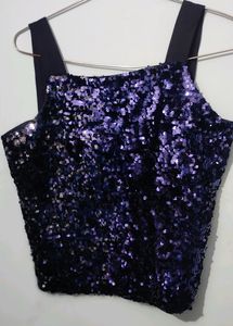 Stylish Sequins Dark Blue V Neck Top For Women