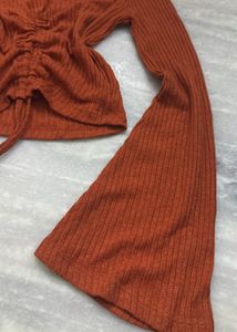 Ribbed Rusty Orange Flare Sleeve Top