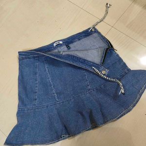 Denim Flared Mini Skirt w Inbuilt Shorts