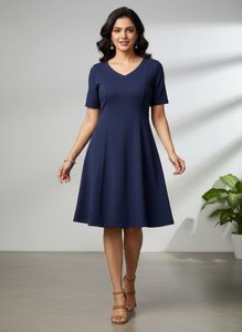 Navy Blue V-Neck A-Line Dress