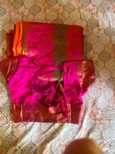 Vibrant Pink Silk Blouse with Golden Border