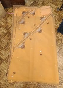 Elegant Embroidered Peach Chiffon Saree
