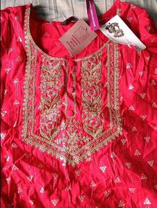 Red Embroidered Kurta with White Pant