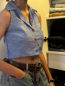 Blue Cropped Collared Shirt