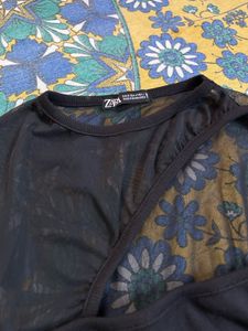Sheer Sleeve One Shoulder Black Top