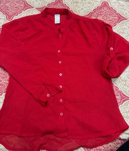 Chic Red Button-Up Sheer Blouse